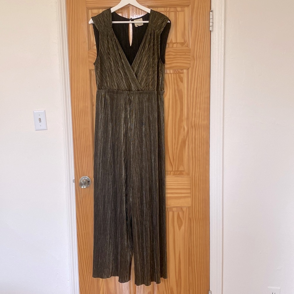 Criss cross Gold lame Jumpsuit Anthropologie